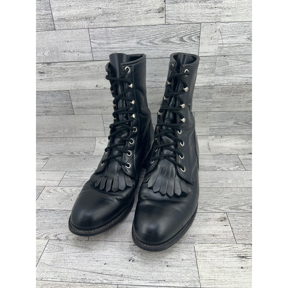 Justin Black Leather Lace Up Roper Work Boots‎ Fringe Ankle US Womens Size 7 A